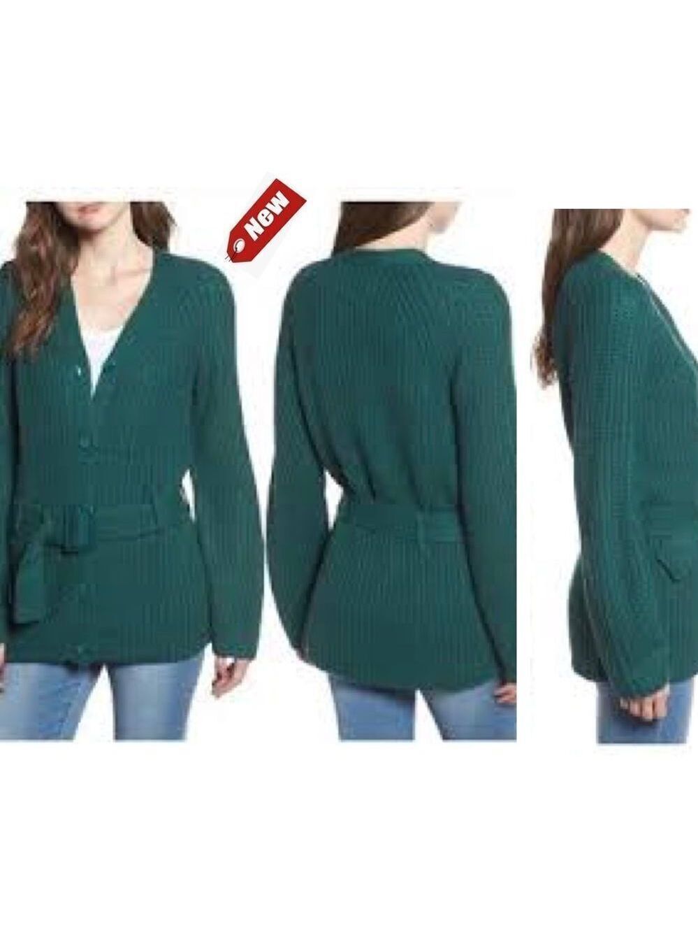 𝅺LEITH dark green belted cardigan sweater Sz S NWT